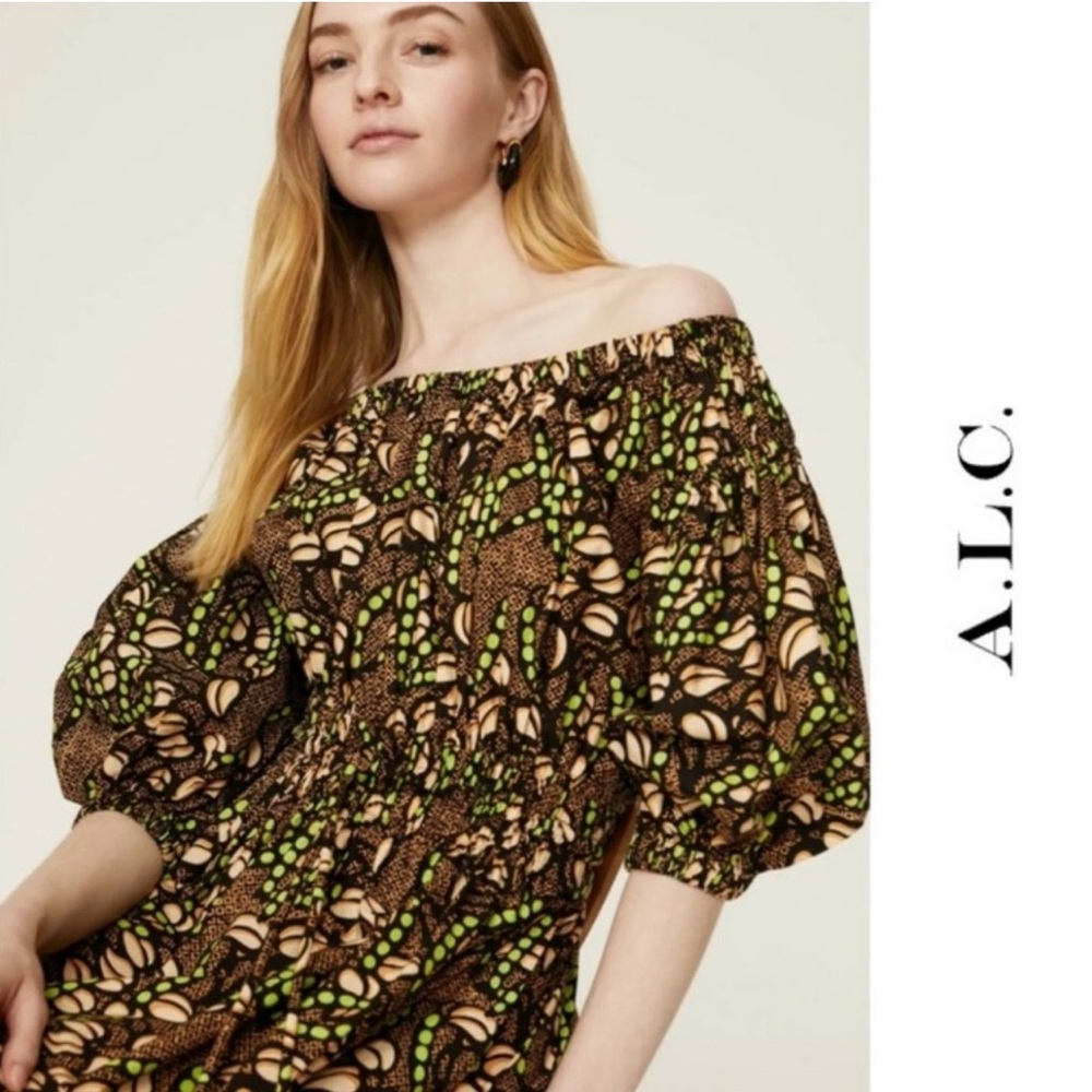 A.L.C. Off-Shoulder Dress with Green and Brown Design